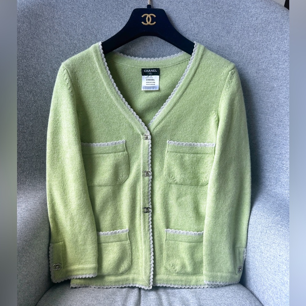 Chanel Cashmere Cardigan CC Turnlock Buttons Limited Edition Sweater Green